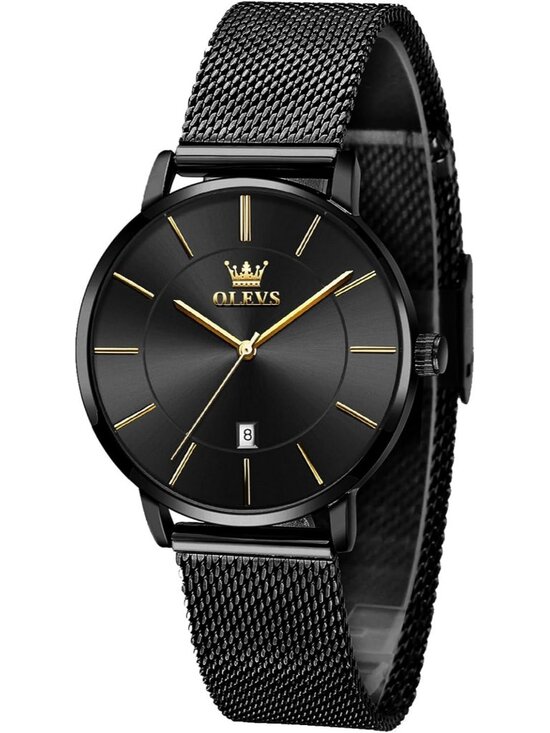 Women\'s Black Mesh Stainless Steel Slim Thin Waterproof Round Luxury Wrist Watch